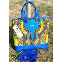 Nagy méretű dashiki mintás kézitáska királykék textilbőrrel