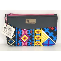 Pink bogolán mintás közepes méretű neszeszer fekete textilbőrrel