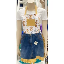 Cuki kutya mintás egyedi farmer kötény okkersárga pöttyös fodorral