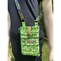 Almazöld bogolán mintás telefontartó-pénztárca fesztiválos kistáska