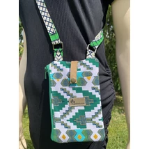 Zöld-arany csillogó kente mintás telefontartó-pénztárca fesztiválos kistáska