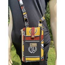 Barna-okkersárga bogolán mintás telefontartó-pénztárca fesztiváltáska