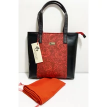 Piros rózsás kézitáska, válltáska fekete fényes textilbőrrel