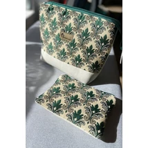 Zöld jacquard szövött mintás alkalmi neszeszer szett puha krém textilbőrrel