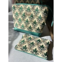 Zöld jacquard szövött mintás alkalmi neszeszer szett fényesen csillogó textilbőrrel