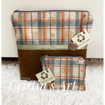 Nagy méretű, Vintage stílusú egyedi, zöld/barna selyem neszeszer, barna műbőrrel kombinálva