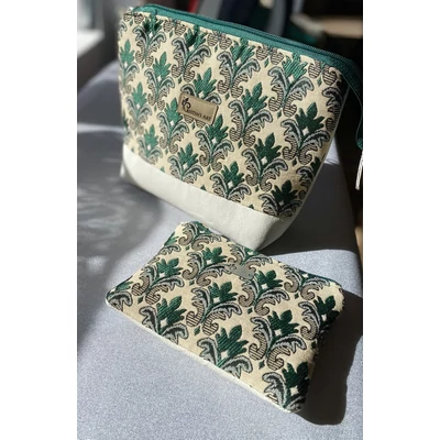 Zöld jacquard szövött mintás alkalmi neszeszer szett puha krém textilbőrrel