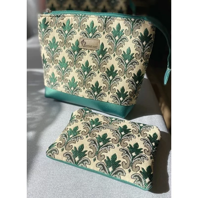 Zöld jacquard szövött mintás alkalmi neszeszer szett fényesen csillogó textilbőrrel