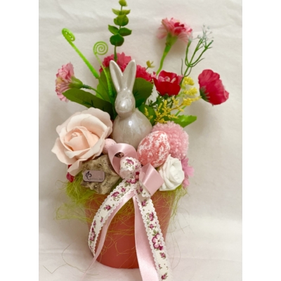 Húsvéti dekoráció kerámia nyuszival, rózsaszín kerámia kaspóban